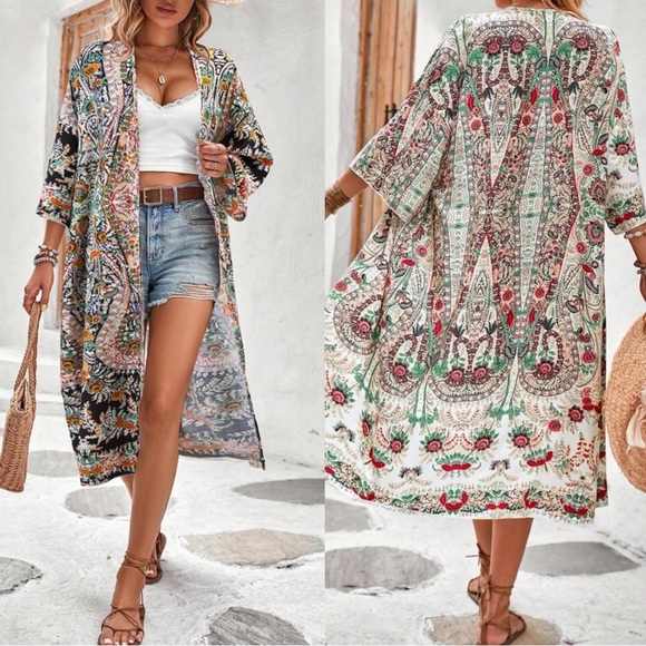 Paisley Print 3/4 sleeve Kimono Cover up - Picture 2 of 6